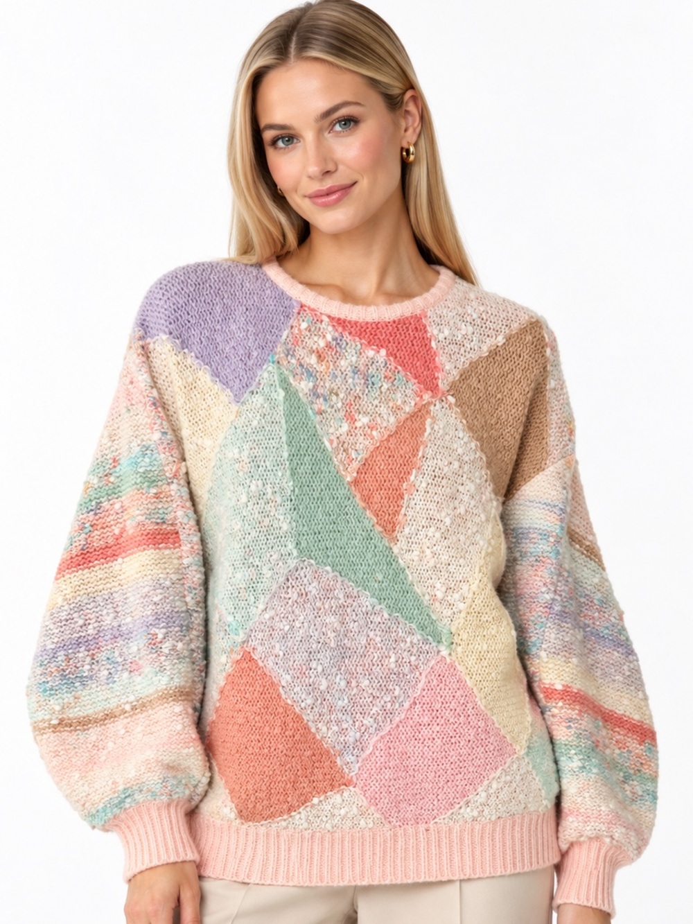Vintage Mariea Kim Pastel Patchwork Geometric Knit Sweater 80s Art to Wear
